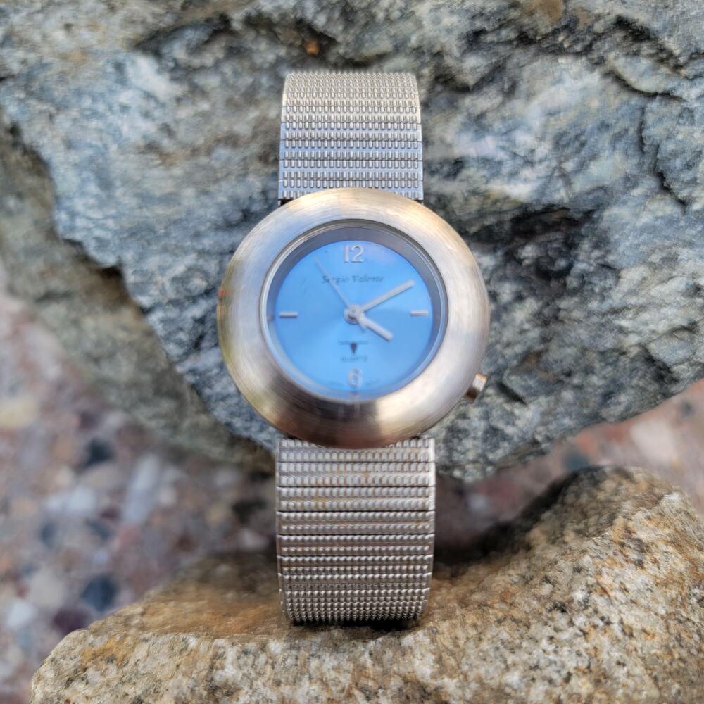 Vintage Watches Sergio Valente Blue Dial Watch Silver Mesh Band Quartz Retro
